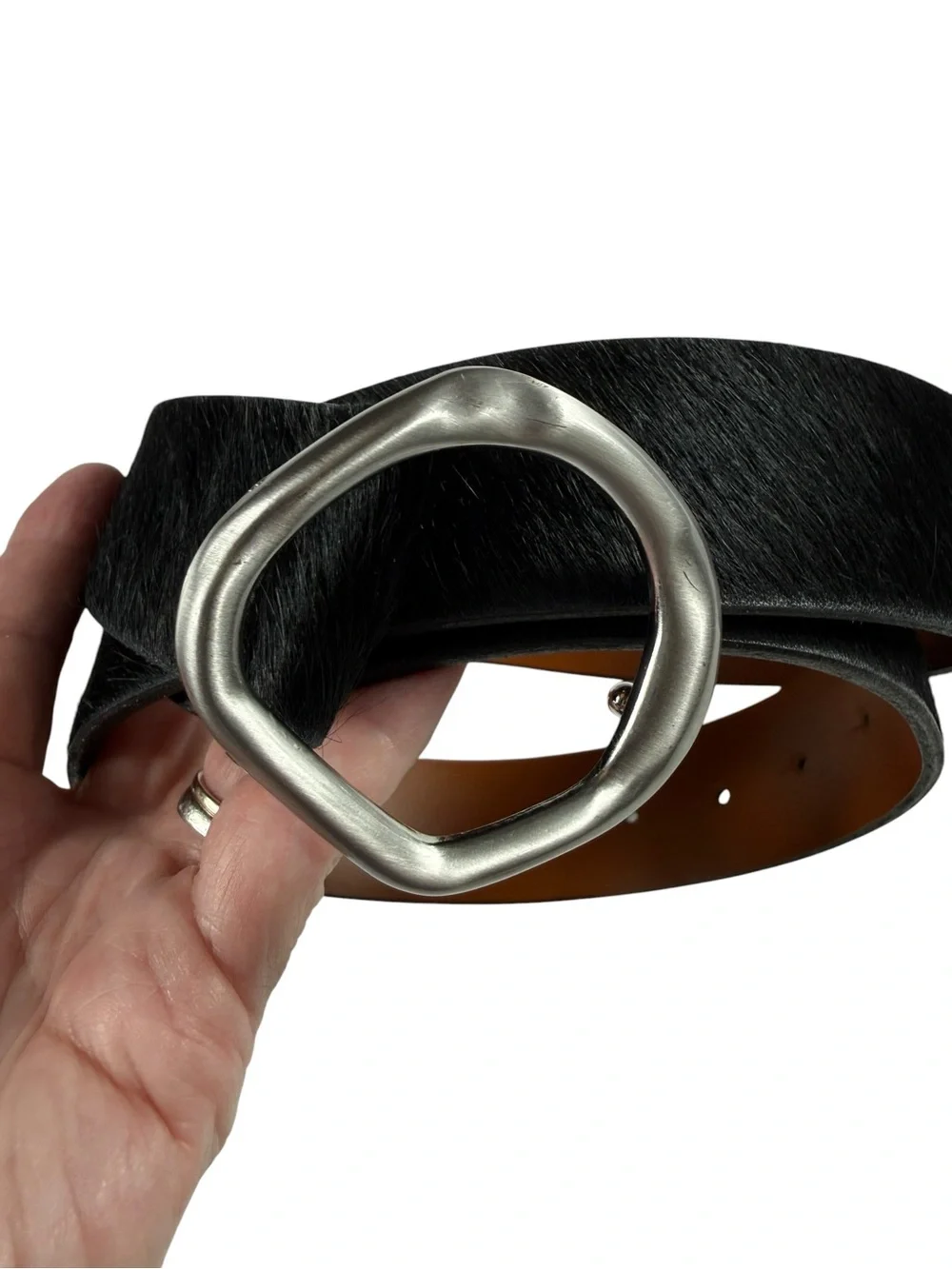 Something Navy Molten Buckle Calf Hair belt, S